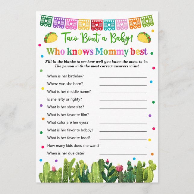 Taco Baby Shower som känner Mammans bästa spel Rådkort (Framsida)