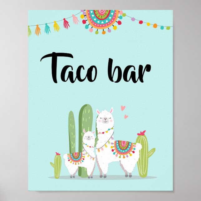 Taco Bar Snack Fiesta Llama Baby Shower Bordsskylt Poster (Framsidan)