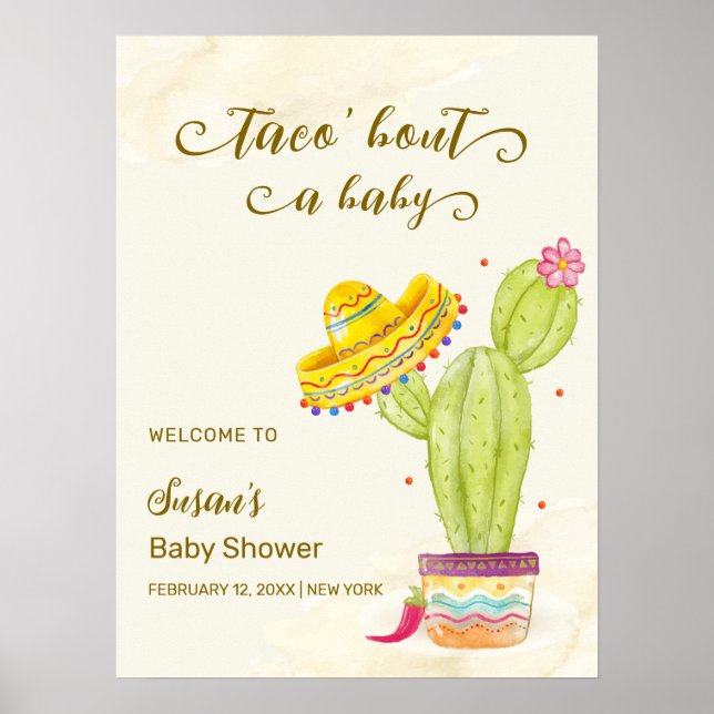 Taco "Bout A Baby Cactus Baby Shower Välkommen Poster (Framsidan)