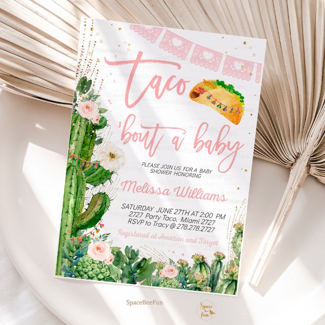 Taco Bout a Baby Shower Inbjudan Girl (Taco 'Bout,A Baby invite girl,Invitation,Editable Fiesta,Baby Shower,Cactus Cinco,de Mayo Tropical,M)