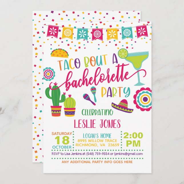 Taco Bout a Bachelorette Party bjudande - WH Inbjudningar (Fram/baksida)