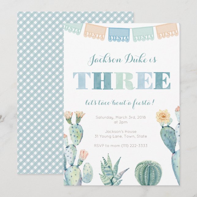 Taco Bout A Fiesta Boy 3-födelsedagen Party Inbjudningar (Fram/baksida)