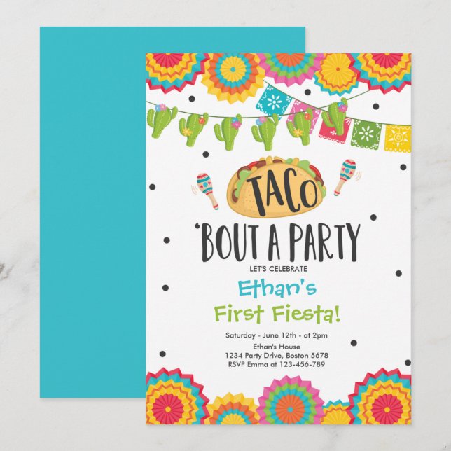 Taco "Bout a Party Boy First Fiesta Birthday Inbjudningar (Fram/baksida)