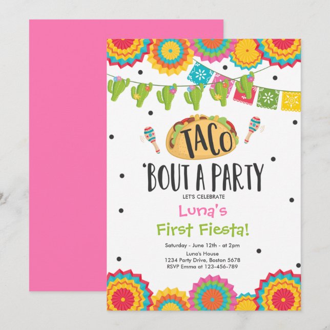 Taco 'Bout a Party Girl First Fiesta Birthday Inbjudningar (Fram/baksida)