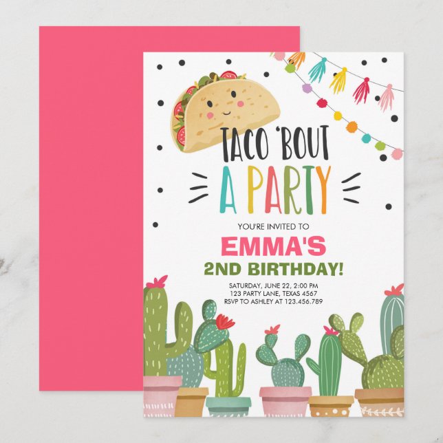 Taco Bout a Party Girl Rosa Fiesta Birthday Cactus Inbjudningar (Fram/baksida)