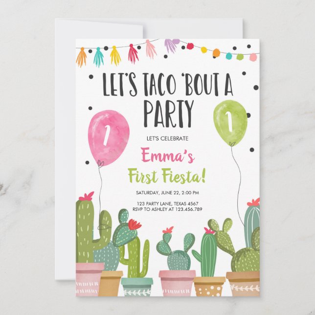 Taco Bout a Party Girl Rosa First Fiesta Birthday Inbjudningar (Framsida)