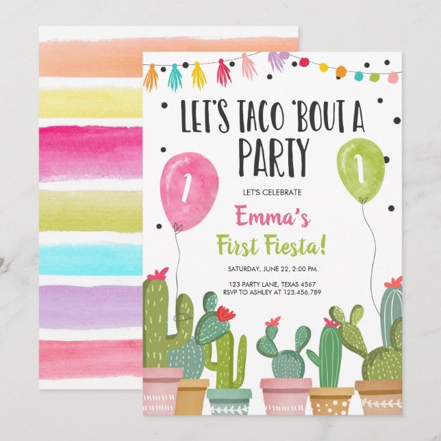 Taco Bout a Party Girl Rosa First Fiesta Birthday Inbjudningar (Fram/baksida)