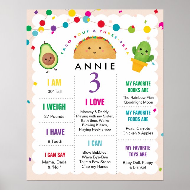 Taco Bout a Three Esta Birthday 3 Year Old Sign Poster (Framsidan)