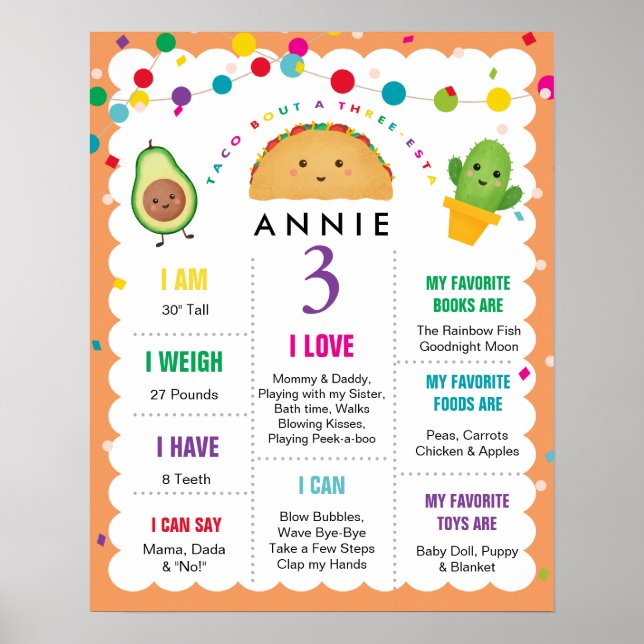 Taco Bout a Three Esta Birthday 3 Year Old Sign Poster (Framsidan)