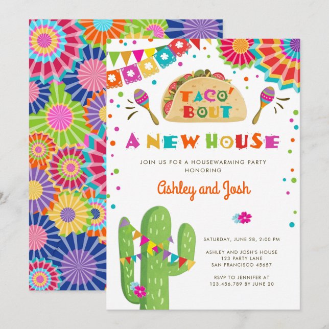 Taco Bout ett nytt hus Fiesta Houseuppvärmning Par Inbjudningar (Fram/baksida)