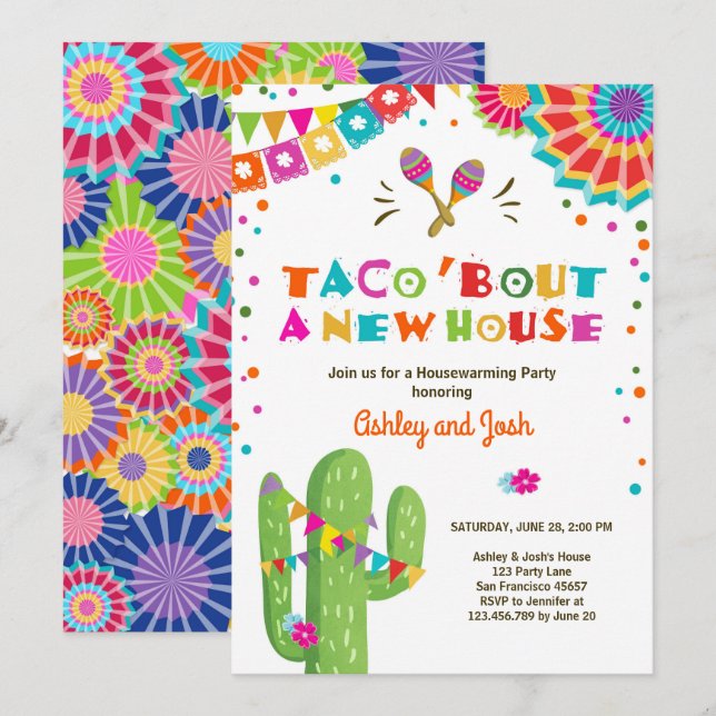 Taco Bout ett nytt hus Fiesta Houseuppvärmning Par Inbjudningar (Fram/baksida)