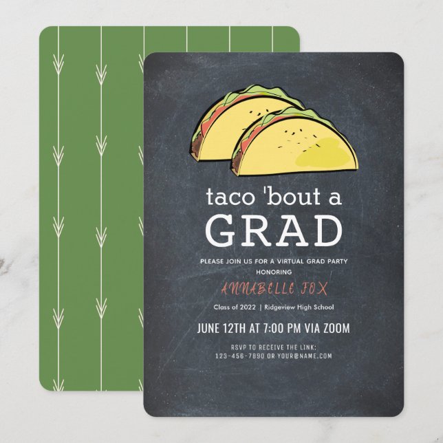 Taco Bout GRAD Chalkboard Virtuellare Studenten Inbjudningar (Fram/baksida)