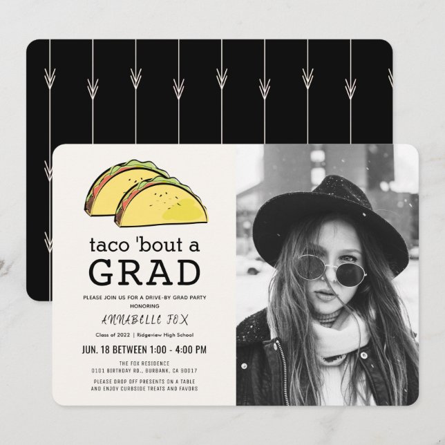Taco Bout GRAD Photo Black Drive från Studenten Inbjudningar (Fram/baksida)