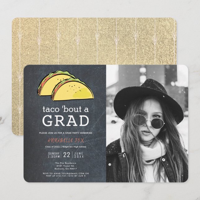 Taco Bout GRAD Photo Chalkboard Guld Studenten Inbjudningar (Fram/baksida)