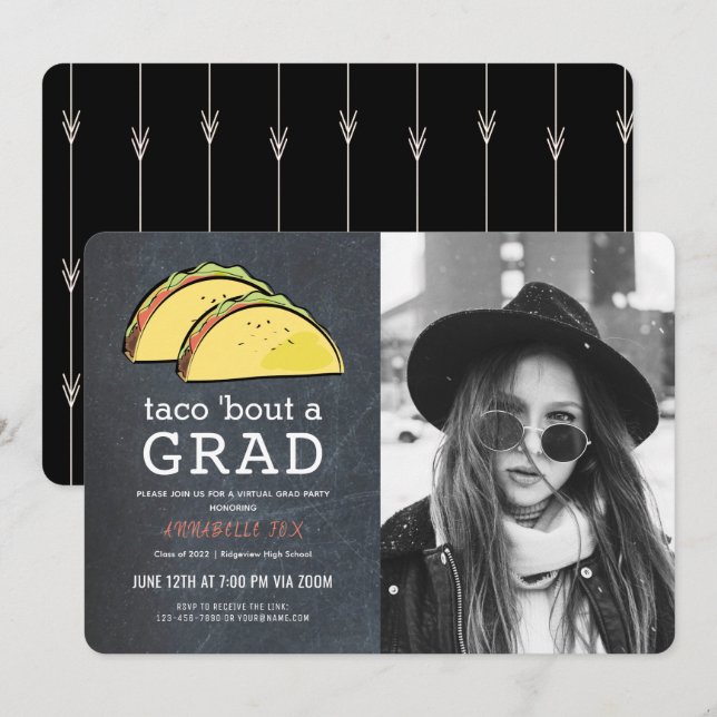 Taco Bout GRAD Photo Chkbd Bk Virtuellare Studente Inbjudningar (Fram/baksida)