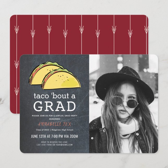 Taco Bout GRAD Photo Chkbd Red Virtuellare Student Inbjudningar (Fram/baksida)