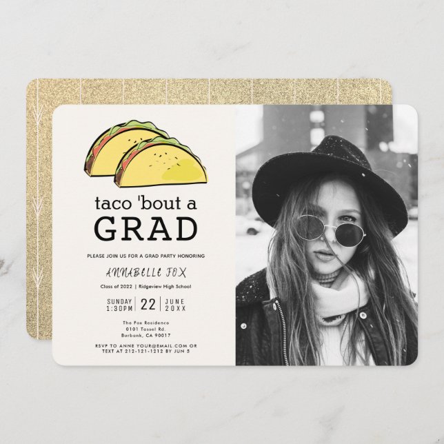 Taco Bout GRAD Photo Guld Studentfest Inbjudningar (Fram/baksida)