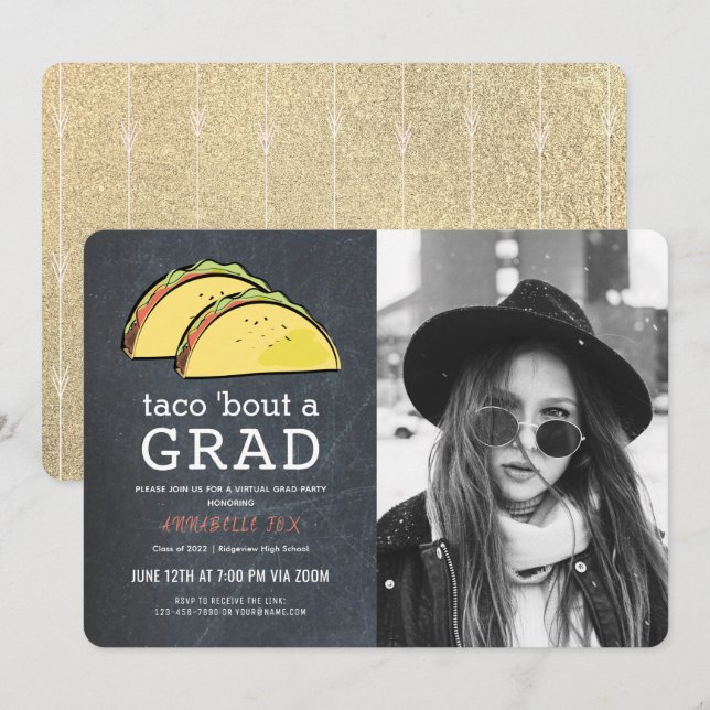 Taco Bout GRAD Photo Guld Virtuella Studenten Inbjudningar (Fram/baksida)