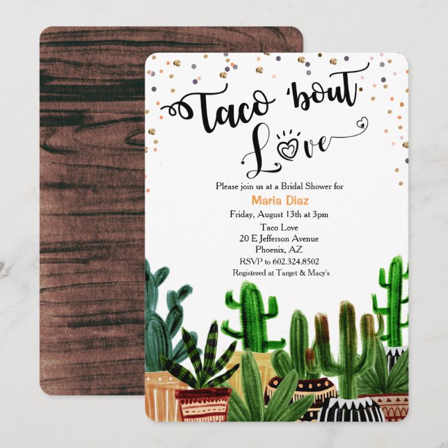 Taco 'bout Love Kaktus Bröllopsdusch Inbjudan (Fram/baksida)