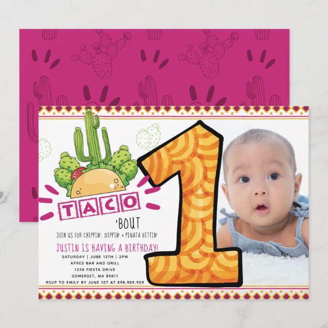 Taco Bout One | Fiesta Photo Första födelsedagen Inbjudningar (Fram/baksida)