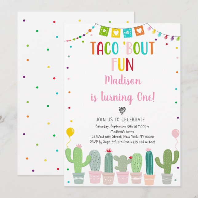 Taco Bout Roligt Cactus Fiesta Girl Birthday Inbjudningar (Fram/baksida)