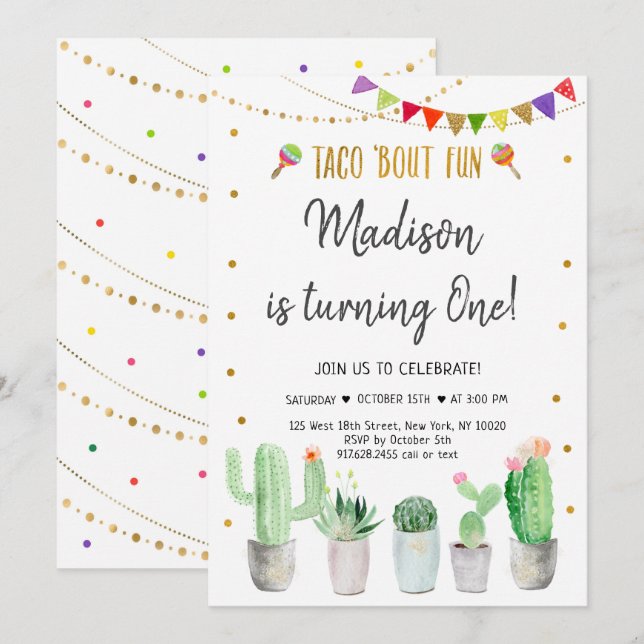 Taco "Bout Roligt Guld Fiesta Första födelsedag Inbjudningar (Fram/baksida)
