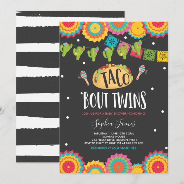 Taco 'Bout Twillingars Fiesta Twin Baby Shower-inb Inbjudningar (Fram/baksida)