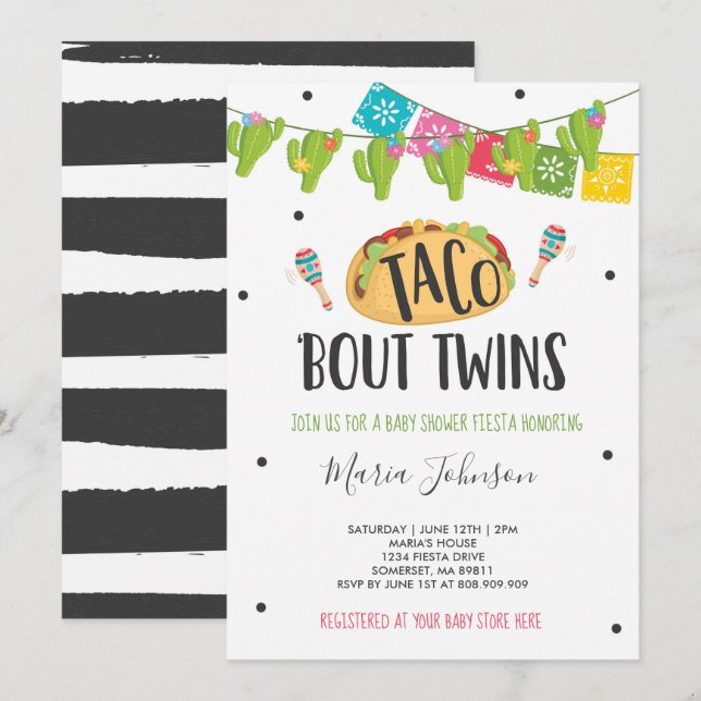 Taco 'Bout Twillingars Fiesta Twin Baby Shower Inbjudningar (Fram/baksida)