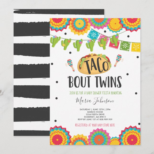 Taco 'Bout Twillingars Fiesta Twin Baby Shower Inbjudningar (Fram/baksida)