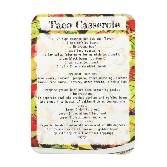 Taco casserole recept-kort magnet (Vertikal)