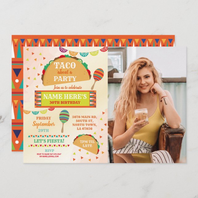 Taco Fiesta Födelsedagsfest Mexican Bright Photo Inbjudningar (Fram/baksida)