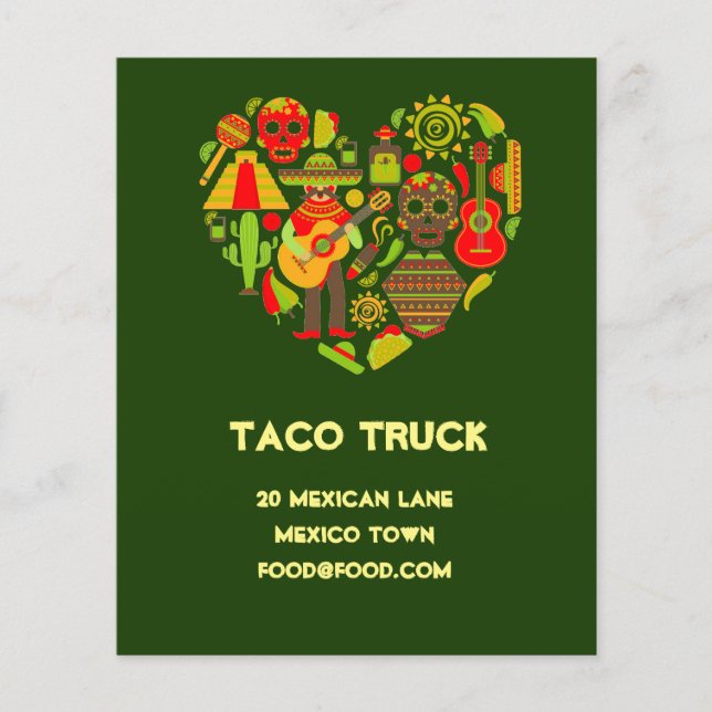 Taco lastbil mexikansk livsmedelsrestaurang flygblad (Framsidan)