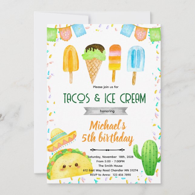 Taco och glass födelsedagsinbjudan inbjudningar (Framsida)