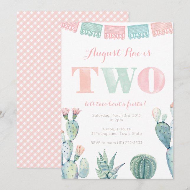 Taco om en andra födelsedag, mexikanskt fiesta par inbjudningar (Fram/baksida)