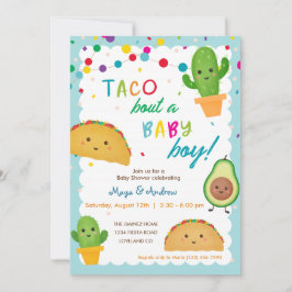 Taco om en pojke-fiesta-tema babydusch i inbjudningar