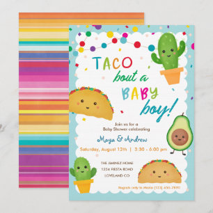 Taco om en pojke-fiesta-tema babydusch i inbjudningar