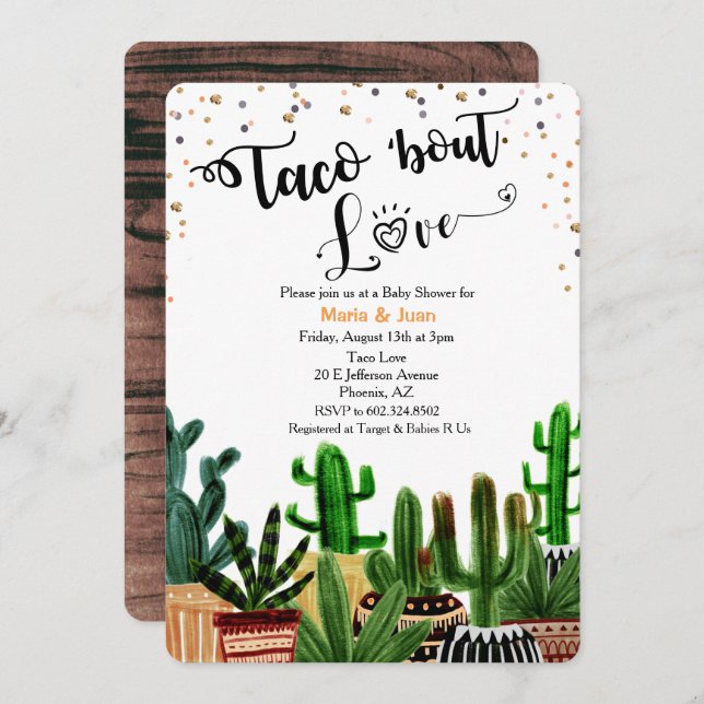 Taco om Kärlek Cactus Baby Shower-inbjudan Inbjudningar (Fram/baksida)