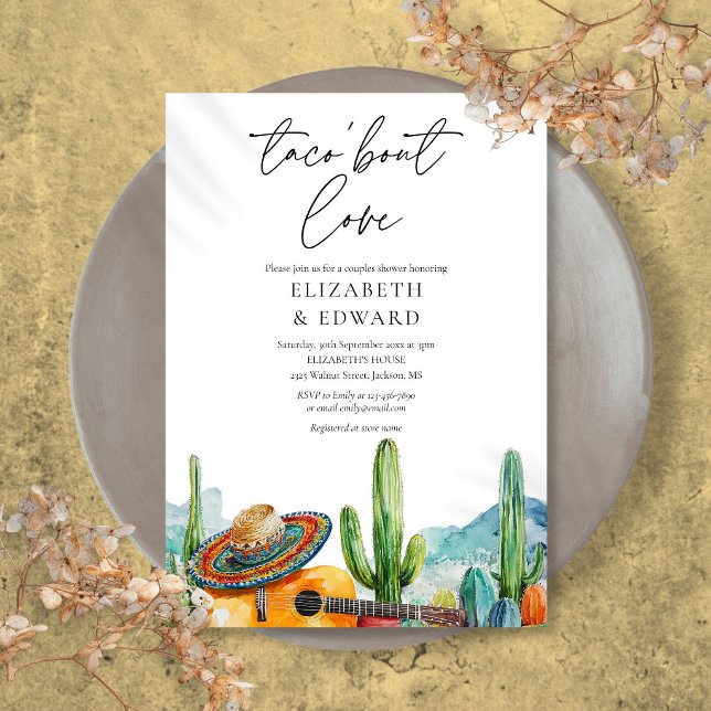 Taco om kärlek Vattenfärg Kaktus Par Bröllopsfest Inbjudningar (Taco Bout Love Watercolor Cactus Couples Shower Invitation)