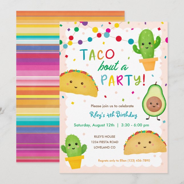 Taco om party - fiesta-tema födelsedagen inbjudningar (Fram/baksida)