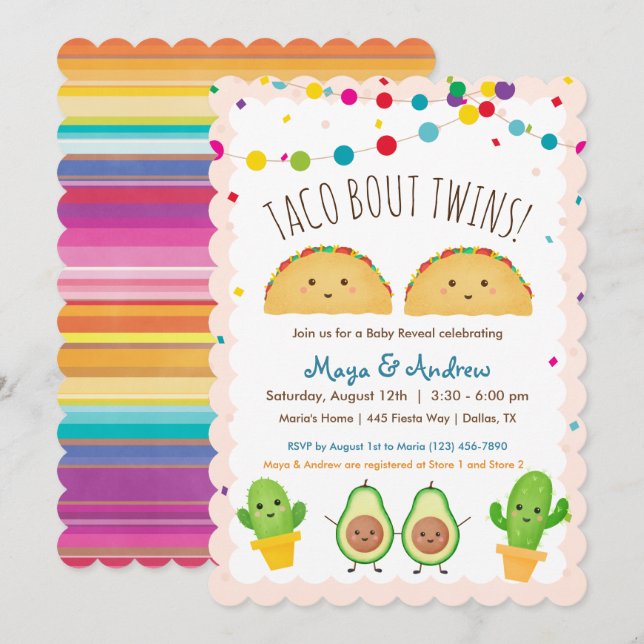 Taco om Twillingar! Fiesta-tema Twin Baby Reveal Inbjudningar (Fram/baksida)