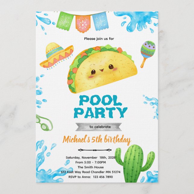 Taco Pool Party Birthday Invitation Inbjudningar (Framsida)