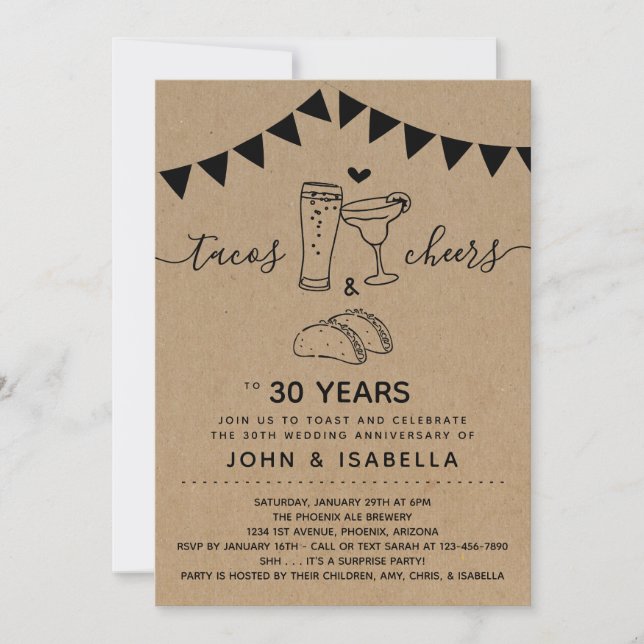 Taco Tequila Cheers & Beers Bröllopsjubileum Inbjudningar (Framsida)