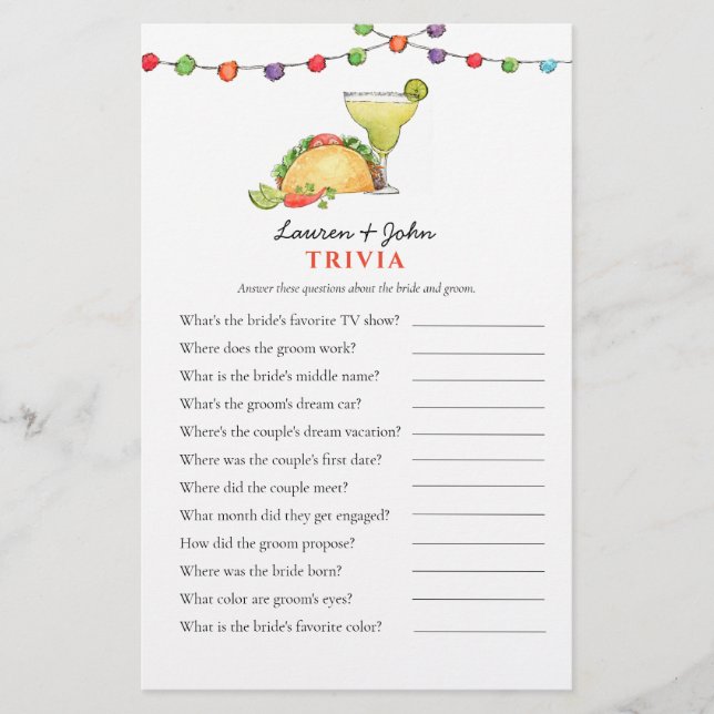 Taco & Tequila Fiesta Peles Shower Trivia-spel (Framsida)