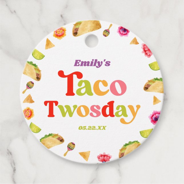 Taco Tosday Taco Tisdag 2:a födelsedag Party Gåvor Etiketter (Framsida)