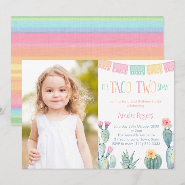 Taco TWO Sday 2 Birthday Party för Girl Bild Inbjudningar (Fram/baksida)