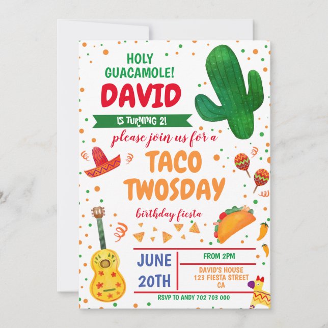 Taco Twosday Boy Birthday Fiesta Cactus mexikan Inbjudningar (Framsida)
