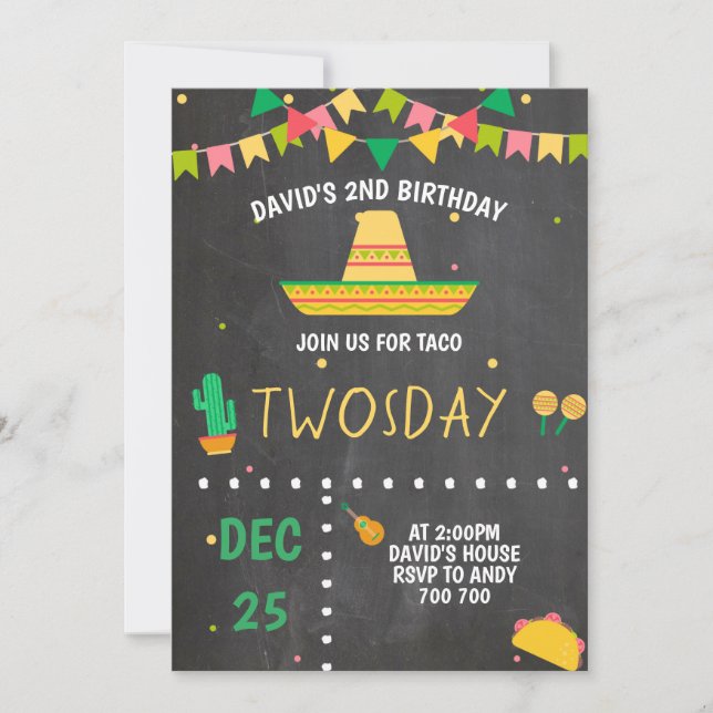 Taco Twosday Boy Fiesta 2:a födelsedagen Party mex Inbjudningar (Framsida)