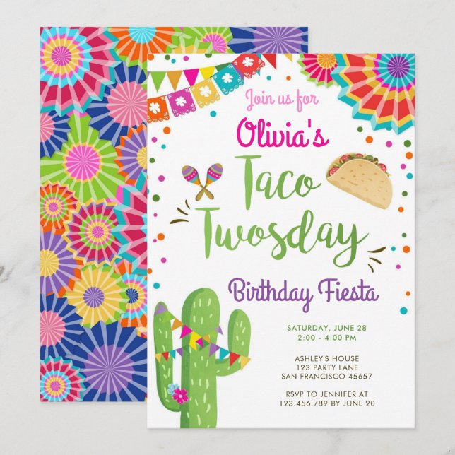Taco Twosday Fiesta Mexican Girl Second Birthday  Inbjudningar (Fram/baksida)