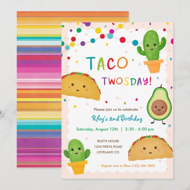Taco Twosday Födelsedagsfest fiesta Temafaldag Inbjudningar (Fram/baksida)