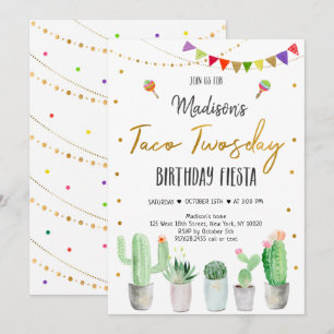 Taco Twosday Guld Fiesta Birthday Inbjudningar